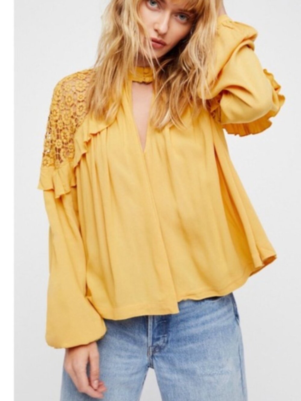 Free People Little Bit Of Love Crochet Lace Open Shoulder Blouse Top